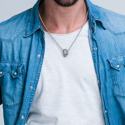 Men's Engravable Skull Necklace with Gemstone Eyes – Sterling Silver with Cubic Zirconia