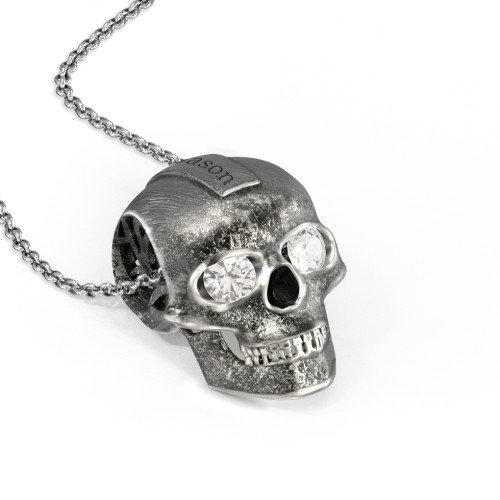 Men's Engravable Skull Necklace with Gemstone Eyes – Sterling Silver with Cubic Zirconia