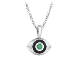 Men's Engravable Evil Eye Gemstone Necklace with Cold Enamel in 925 Sterling Silver with Emerald