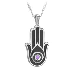 Men's Engravable Hamsa Gemstone Necklace with Cold Enamel in 925 Sterling Silver with Amethyst