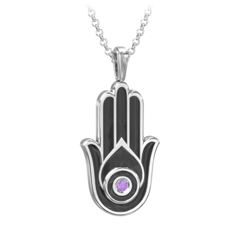 Men's Engravable Hamsa Gemstone Necklace with Cold Enamel – Sterling Silver with Amethyst