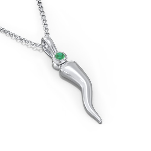 Men's Italian Horn Necklace with 2 Birthstones – Sterling Silver with Emerald