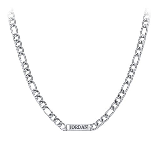 Men's Bold Figaro Chain with Engravable Bar - Stainless Steel