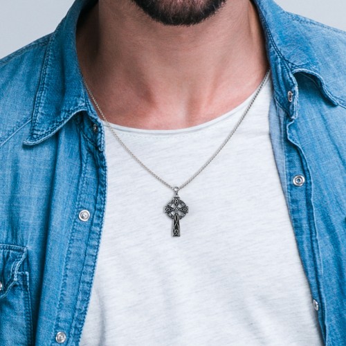 Men's Engravable Celtic Cross Necklace with Black Enamel