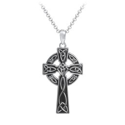 Men's Engravable Celtic Cross Necklace with Black Enamel in 925 Sterling Silver