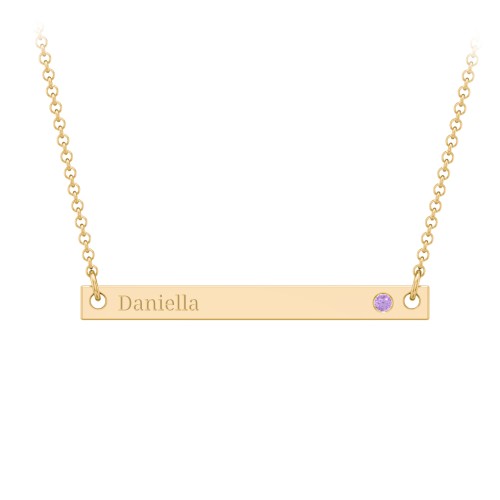 Birthstone Name Bar Pendant – 10K Yellow Gold with Amethyst