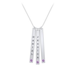 Multi Vertical Birthstone Bar Pendant - 3 Bar in 925 Sterling Silver with Amethyst and Fancy Pink Premium Zirconia