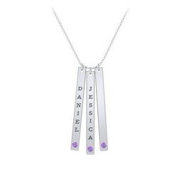 Multi Vertical Birthstone Bar Pendant - 3 Bar in 925 Sterling Silver with Amethyst and Fancy Pink Premium Zirconia