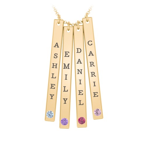 Multi Vertical Birthstone Bar Pendant - 4 Bar – 10K Yellow Gold with Blue Topaz, Amethyst, Ruby, and Pink Tourmaline