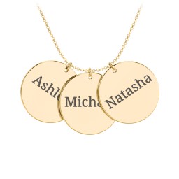 Engravable Name 3 Disc Pendant in 10K Solid Yellow Gold with Ruby, Amethyst Premium Zirconia, Blue Sapphire, and Blue Topaz