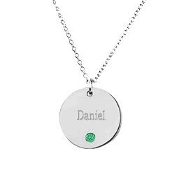 Birthstone Name Disc Pendant in 925 Sterling Silver with Emerald
