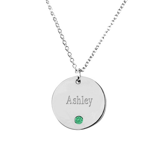 Birthstone Name Disc Pendant – Sterling Silver with Emerald