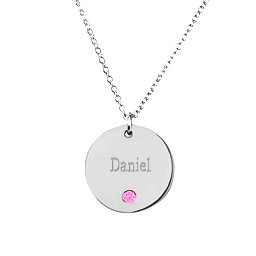 Birthstone Name Disc Pendant in 925 Sterling Silver with Pink Tourmaline