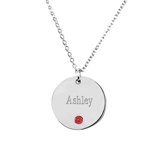 Birthstone Name Disc Pendant – Sterling Silver with Garnet