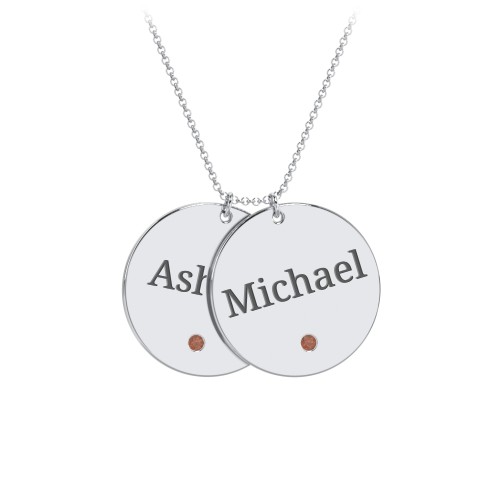 Engravable 2 Disc Pendant with Birthstone – Sterling Silver with Garnet