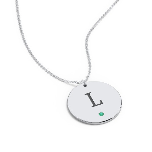 Engravable Disc Pendant with Birthstone – Sterling Silver with Emerald