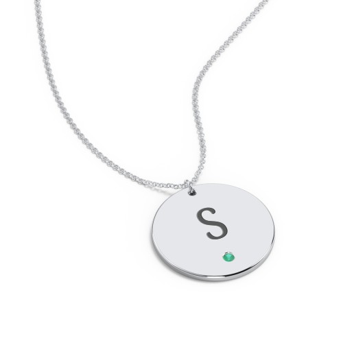 Engravable Disc Pendant with Birthstone – Sterling Silver with Emerald
