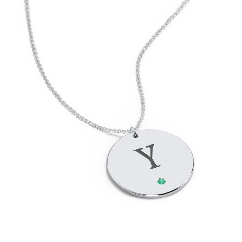 Engravable Disc Pendant with Birthstone – Sterling Silver with Emerald