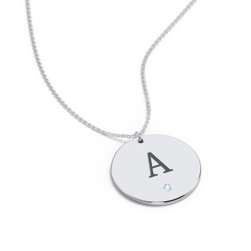 Engravable Disc Pendant with Birthstone – Sterling Silver with Blue Topaz