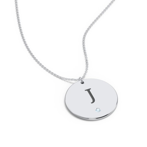 Engravable Disc Pendant with Birthstone – Sterling Silver with Blue Topaz