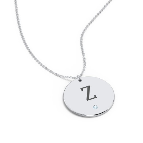 Engravable Disc Pendant with Birthstone – Sterling Silver with Blue Topaz