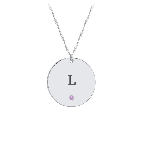 Engravable Disc Pendant with Birthstone – Sterling Silver with Amethyst