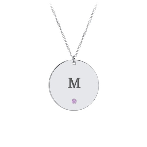 Engravable Disc Pendant with Birthstone – Sterling Silver with Amethyst