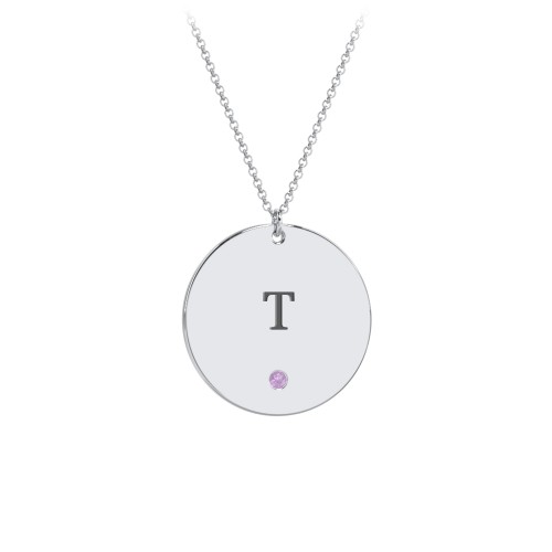 Engravable Disc Pendant with Birthstone – Sterling Silver with Amethyst