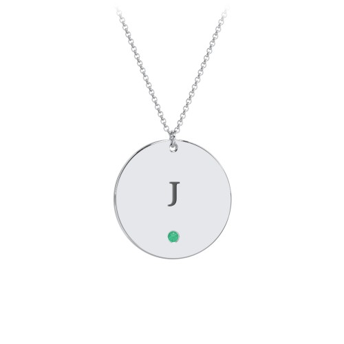 Engravable Disc Pendant with Birthstone – Sterling Silver with Emerald