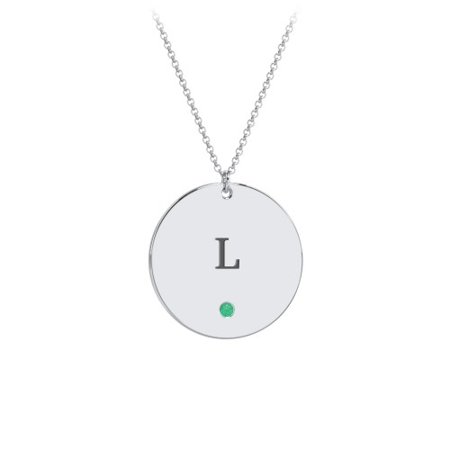 Engravable Disc Pendant with Birthstone – Sterling Silver with Emerald