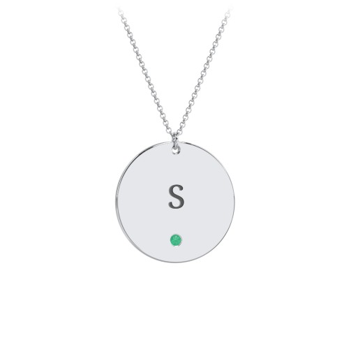Engravable Disc Pendant with Birthstone – Sterling Silver with Emerald