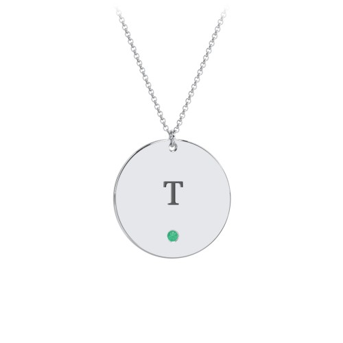 Engravable Disc Pendant with Birthstone – Sterling Silver with Emerald