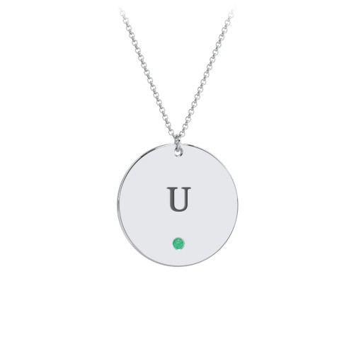 Engravable Disc Pendant with Birthstone – Sterling Silver with Emerald