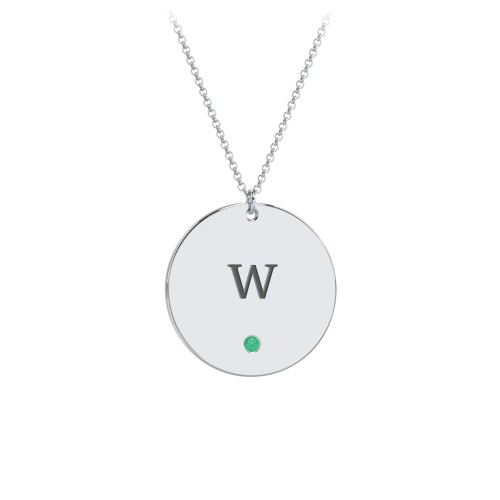 Engravable Disc Pendant with Birthstone – Sterling Silver with Emerald