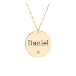 Engravable Disc Pendant with Birthstone in 18K Gold Plated Silver with Pink Tourmaline, Amethyst Premium Zirconia, Blue Sapphire, and Blue Topaz
