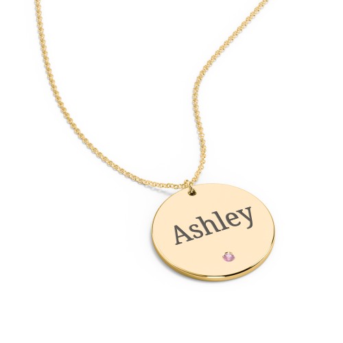 Engravable Disc Pendant with Birthstone – 18K Gold Plated Silver with Pink Tourmaline