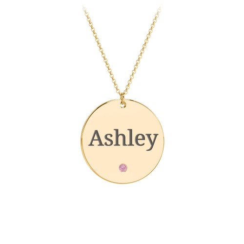 Engravable Disc Pendant with Birthstone – 18K Gold Plated Silver with Pink Tourmaline