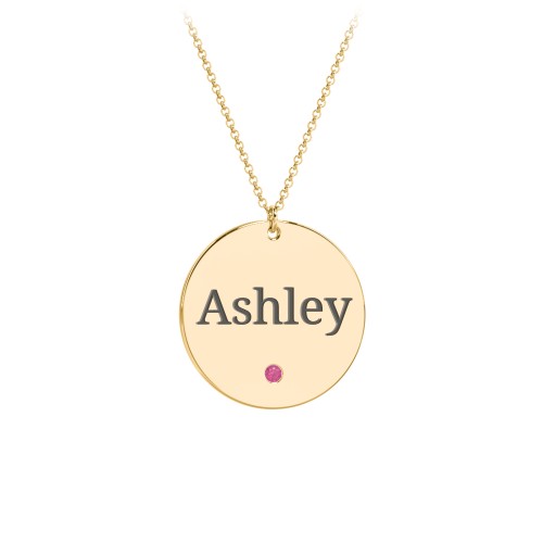 Engravable Disc Pendant with Birthstone – 18K Gold Plated Silver with Ruby