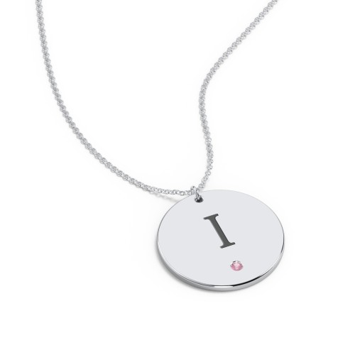 Engravable Disc Pendant with Birthstone – Sterling Silver with Pink Tourmaline