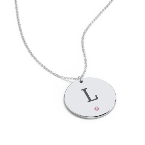 Engravable Disc Pendant with Birthstone – Sterling Silver with Pink Tourmaline
