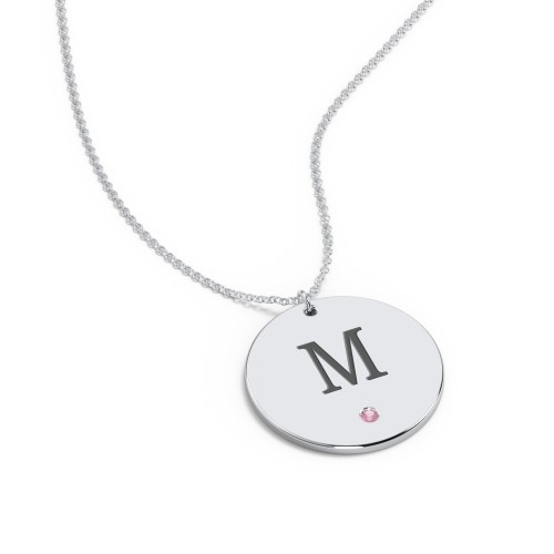 Engravable Disc Pendant with Birthstone – Sterling Silver with Pink Tourmaline