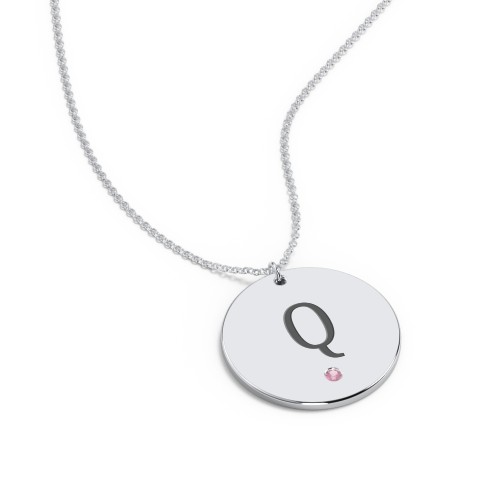 Engravable Disc Pendant with Birthstone – Sterling Silver with Pink Tourmaline