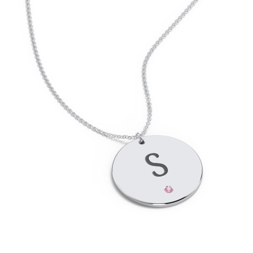 Engravable Disc Pendant with Birthstone – Sterling Silver with Pink Tourmaline