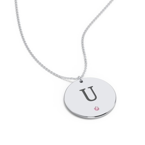 Engravable Disc Pendant with Birthstone – Sterling Silver with Pink Tourmaline