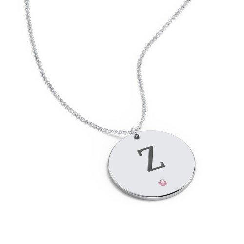 Engravable Disc Pendant with Birthstone – Sterling Silver with Pink Tourmaline