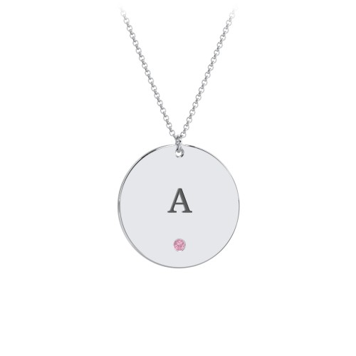 Engravable Disc Pendant with Birthstone – Sterling Silver with Pink Tourmaline