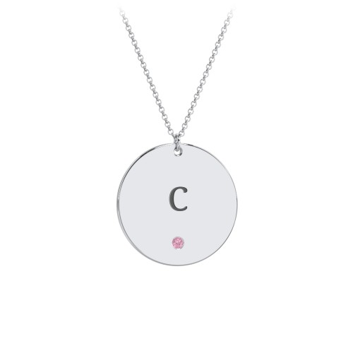 Engravable Disc Pendant with Birthstone – Sterling Silver with Pink Tourmaline