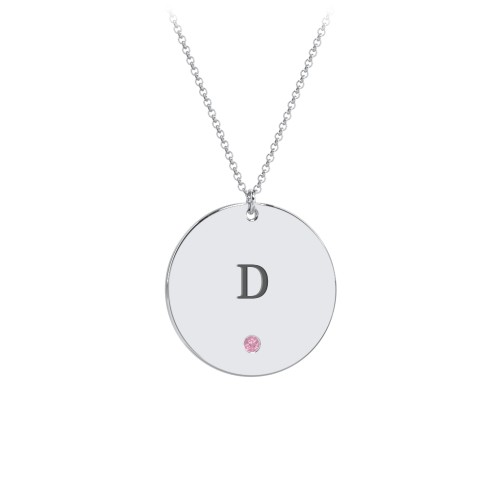 Engravable Disc Pendant with Birthstone – Sterling Silver with Pink Tourmaline