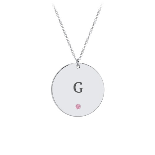 Engravable Disc Pendant with Birthstone – Sterling Silver with Pink Tourmaline