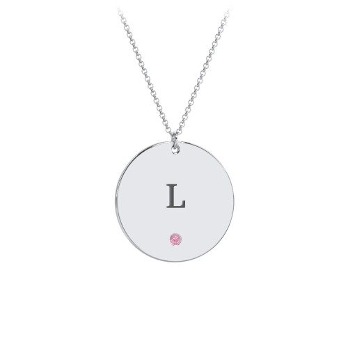 Engravable Disc Pendant with Birthstone – Sterling Silver with Pink Tourmaline